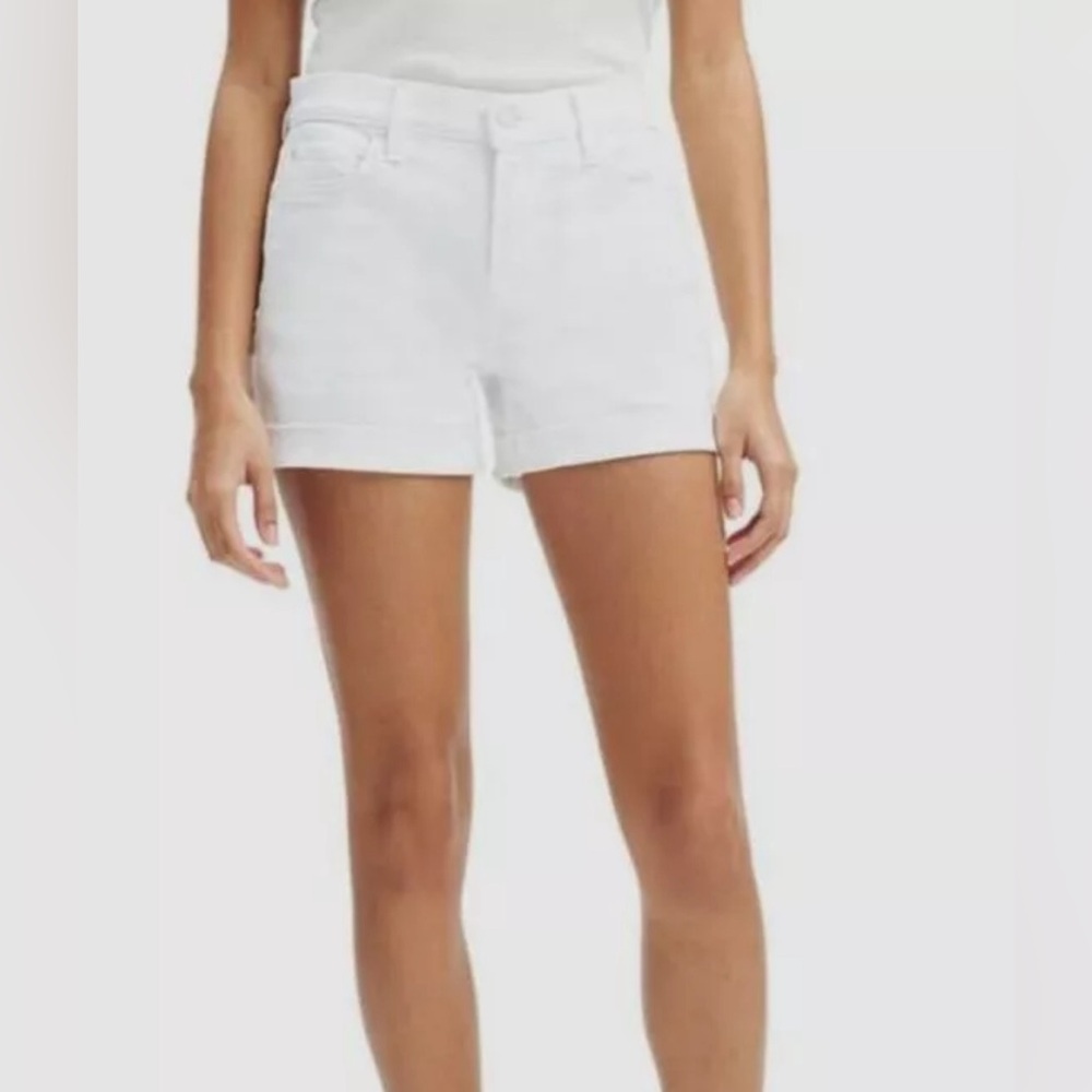 7 For All Mankind White Button Fly 2” Roll Cuff Stretch Denim Shorts